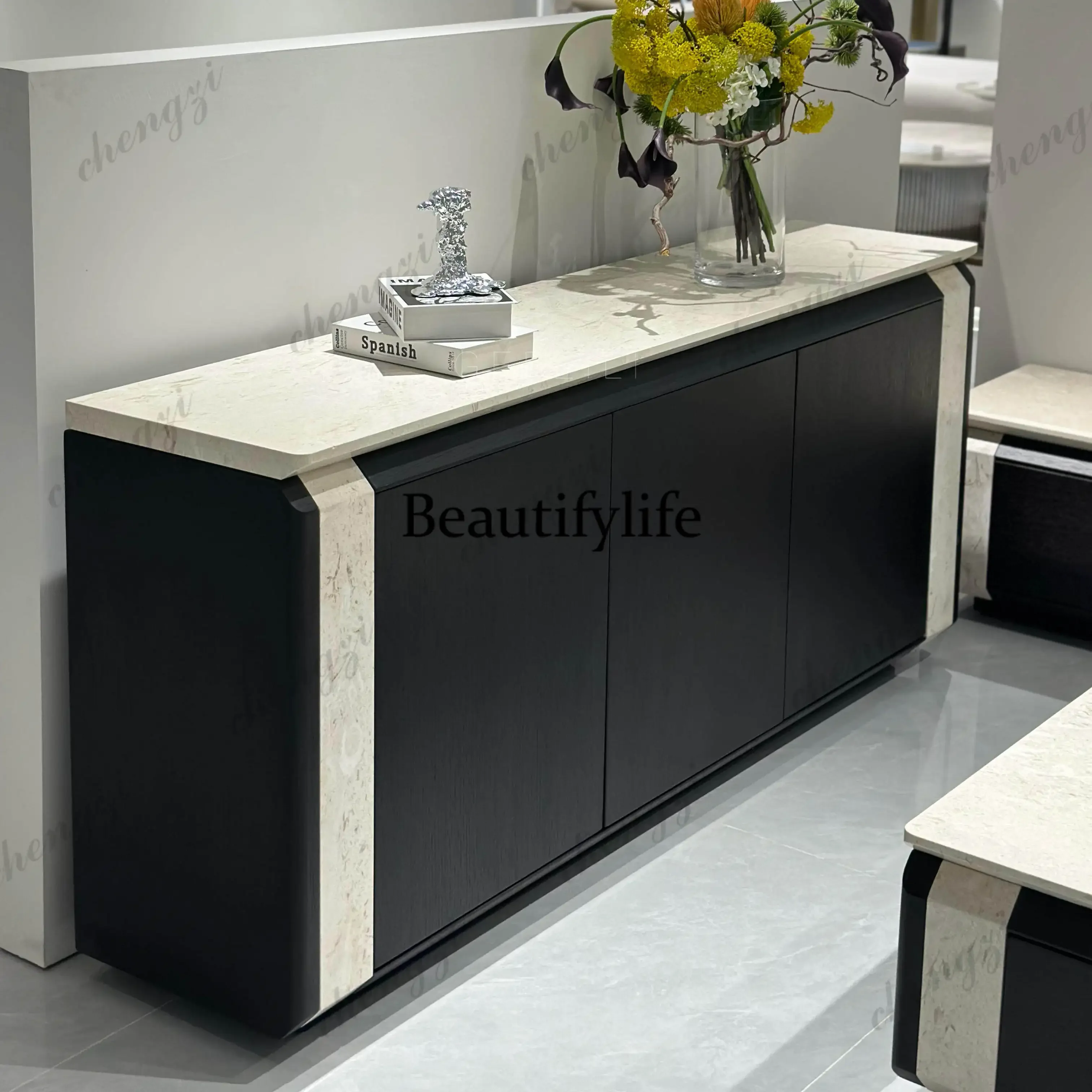 B567 New Modern Simple Black Side Cabinet Marble Countertop Locker Premium Wall Integrated Storage Cabinet