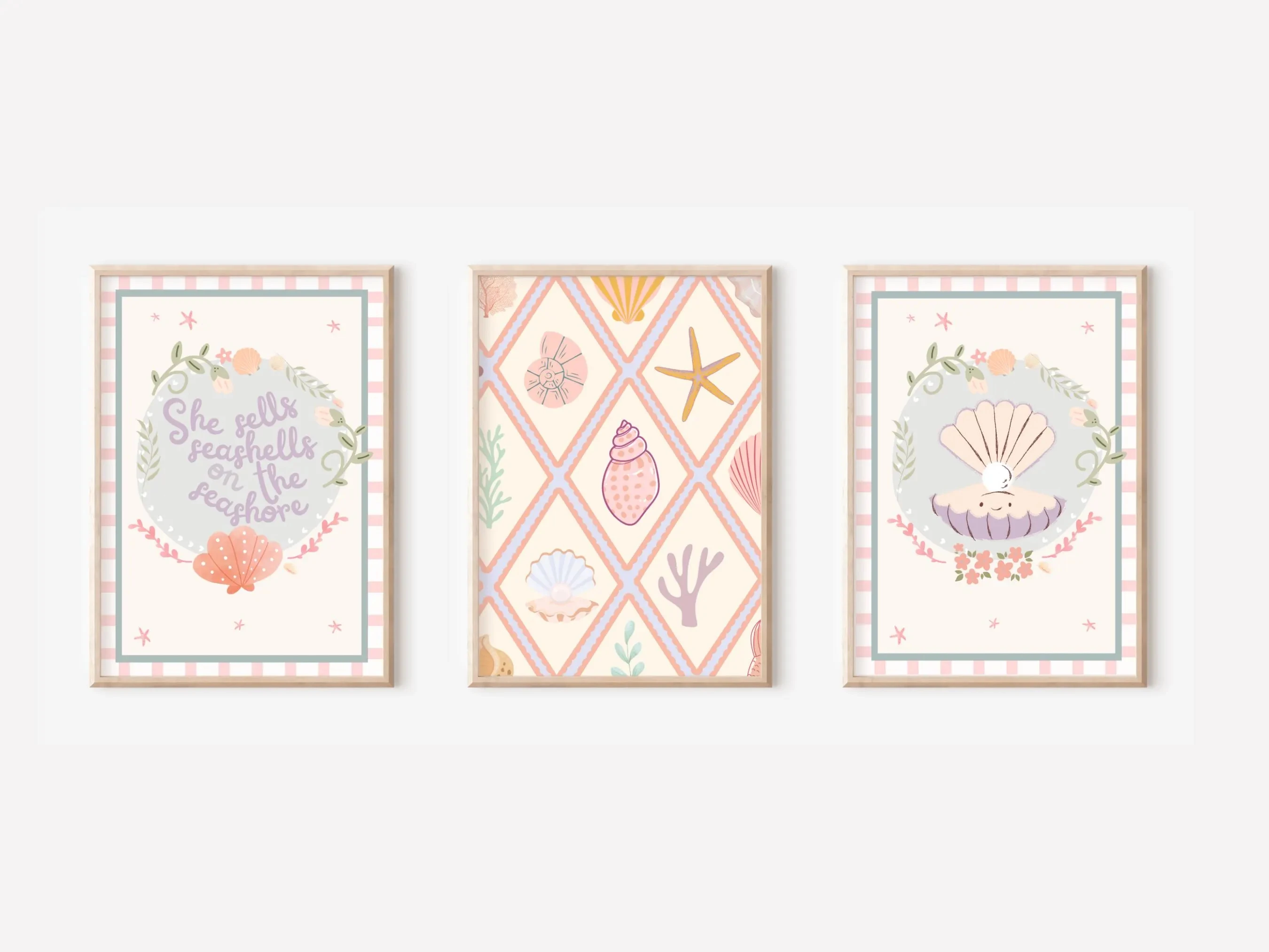 3PCS frameless decorative art print,Pastel Ocean Shell Coastal Wall Art Prints, Cute Nursery Decor for Little Girls Room Play