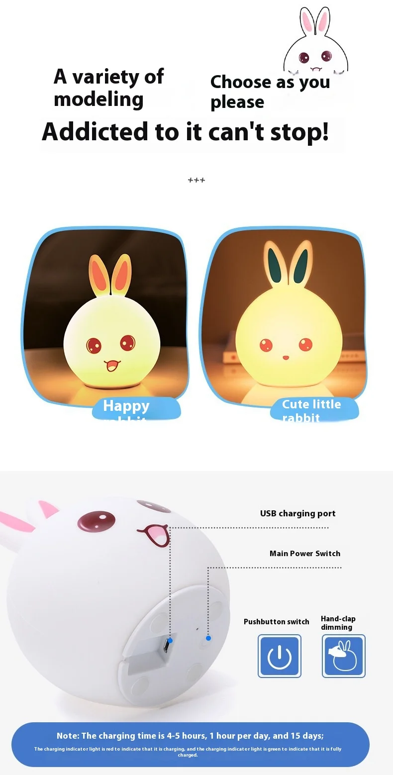 LED Night Light Cute Sheep Panda Rabbit Silicone Lamp Rechargeable Animal Shape Sleep Soft Nightlights For Kids Birthday Gift