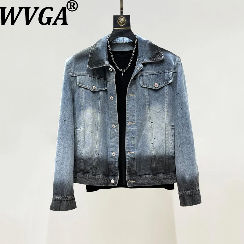 

WVGA Spring Autumn New Man Washed Vintage Gradient Denim Short Jacket Safari Style High Street Chic Casual Straight Jeans W12083