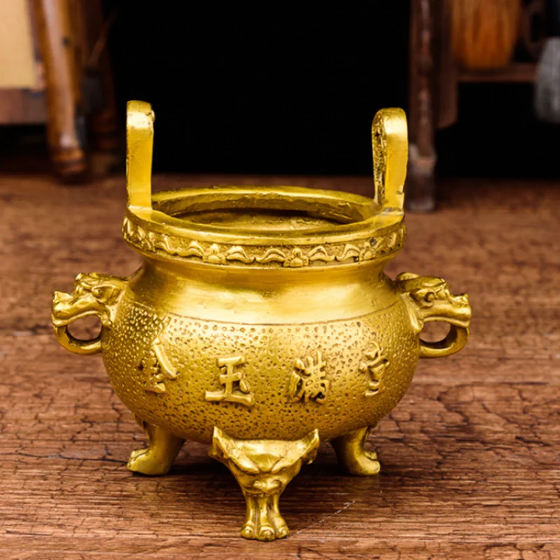 Exquisitely crafted brass , three-legged incense burner worship, small size for home use, golden and jad