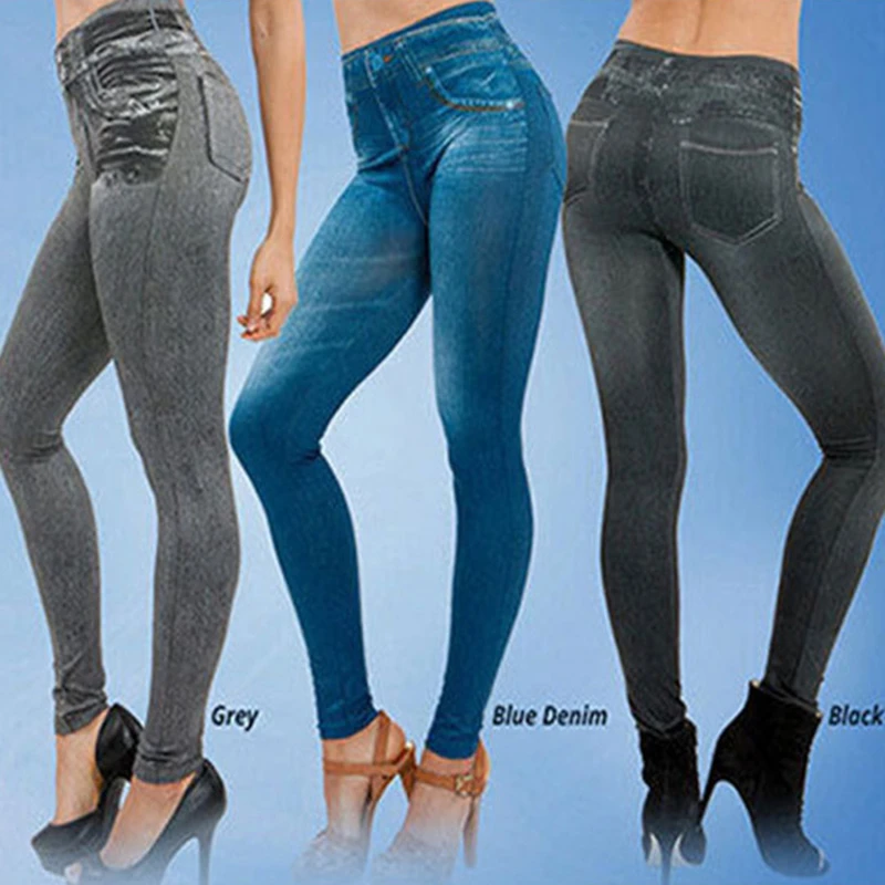 Leggings faux denim para mulheres, jeans de cintura alta, calça lápis skinny, moda fitness feminina, treino em corrida