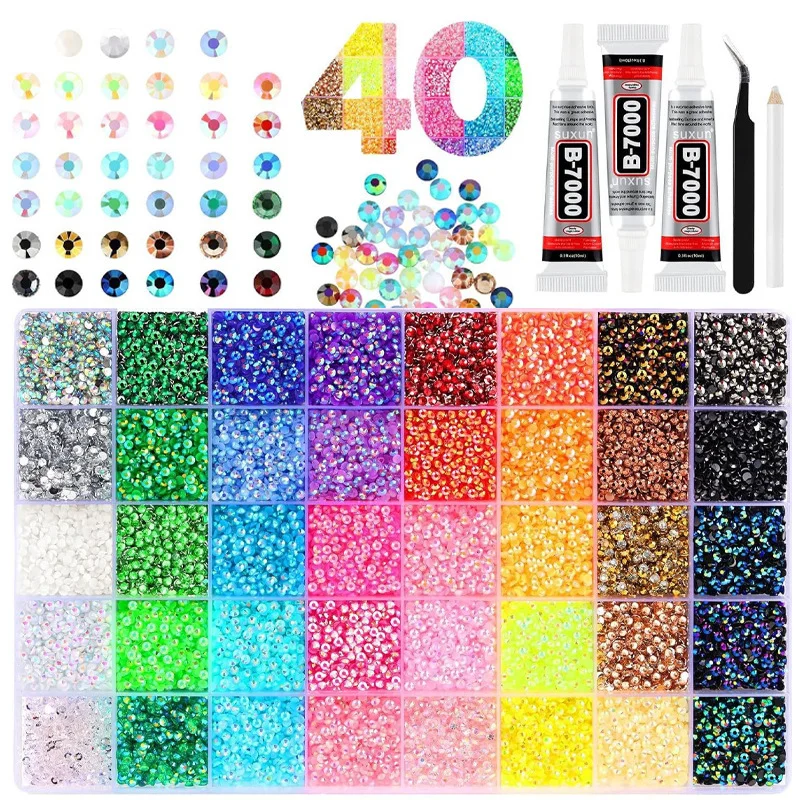 Kit de Resina Colorida DIY com Strass Multicolorido de 3mm, Pedras Planas com Ferramentas e Cola para Arte em Unhas, Roupas, Sapatos, Capas de Celular e Artesanato