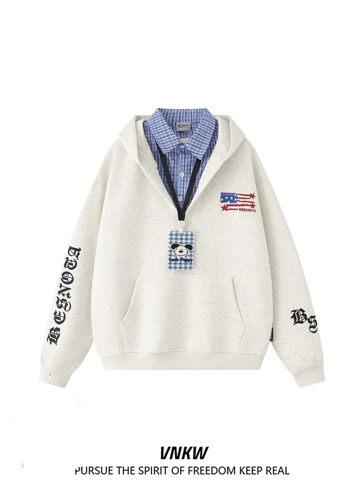 

Американский ретро-худи в клетку с эффектом двухслойности, свободный повседневный худи для пар в стиле Lazy Chic, молодежный осенний худи.