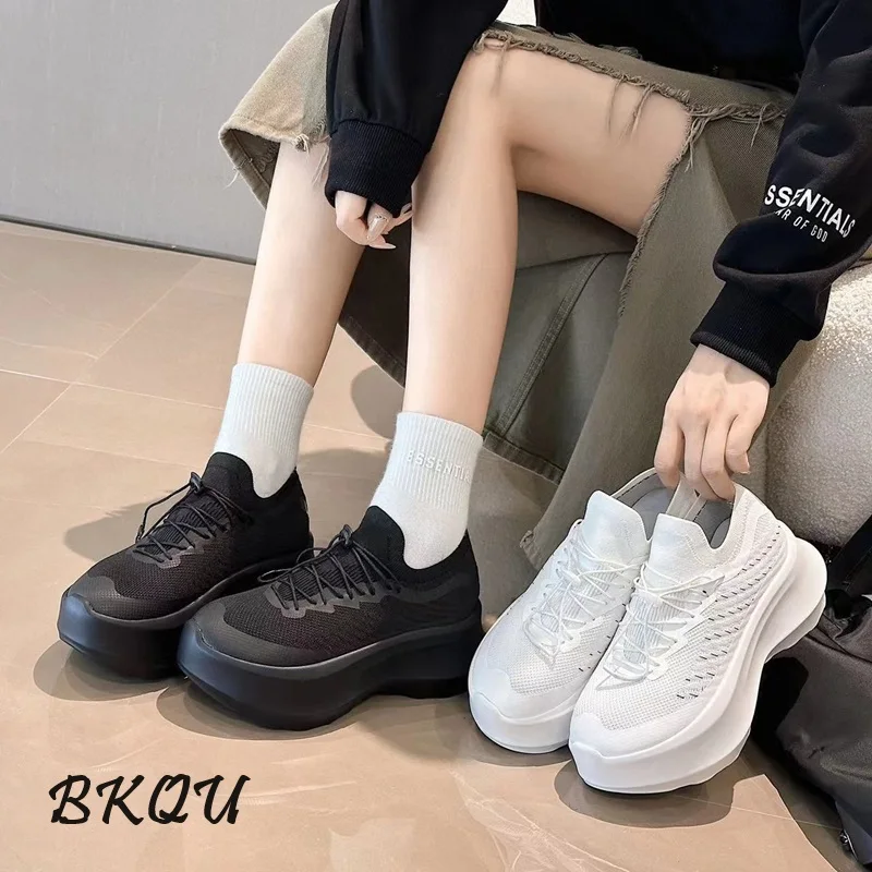 

BKQU Elastic Shoes Women's 2024 Summer New 6cm Elevated Thick Sole Breathable Mesh Sports Daddy Shoes Lightweight