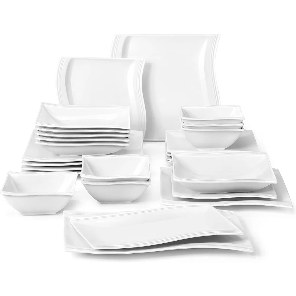 

MALACASA Plates and Bowls Sets, 26 Piece Ivory White Square Dinnerware Sets without Mugs, Porcelain Dinnerware with Dinner