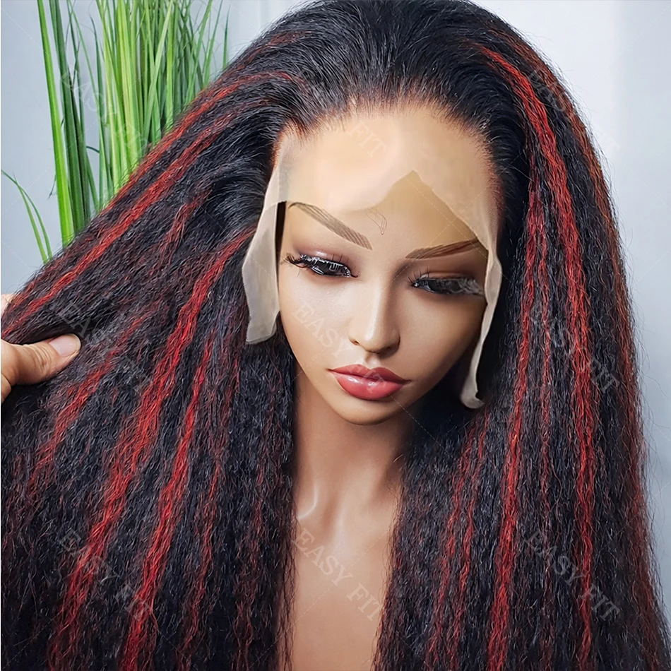 

Kinky Straight 1B/99J Color Highlight Glueless 5x5 Lace Closure Wig #4/350 Color Brown Mix Ginger Highlight Lace Closure Wigs