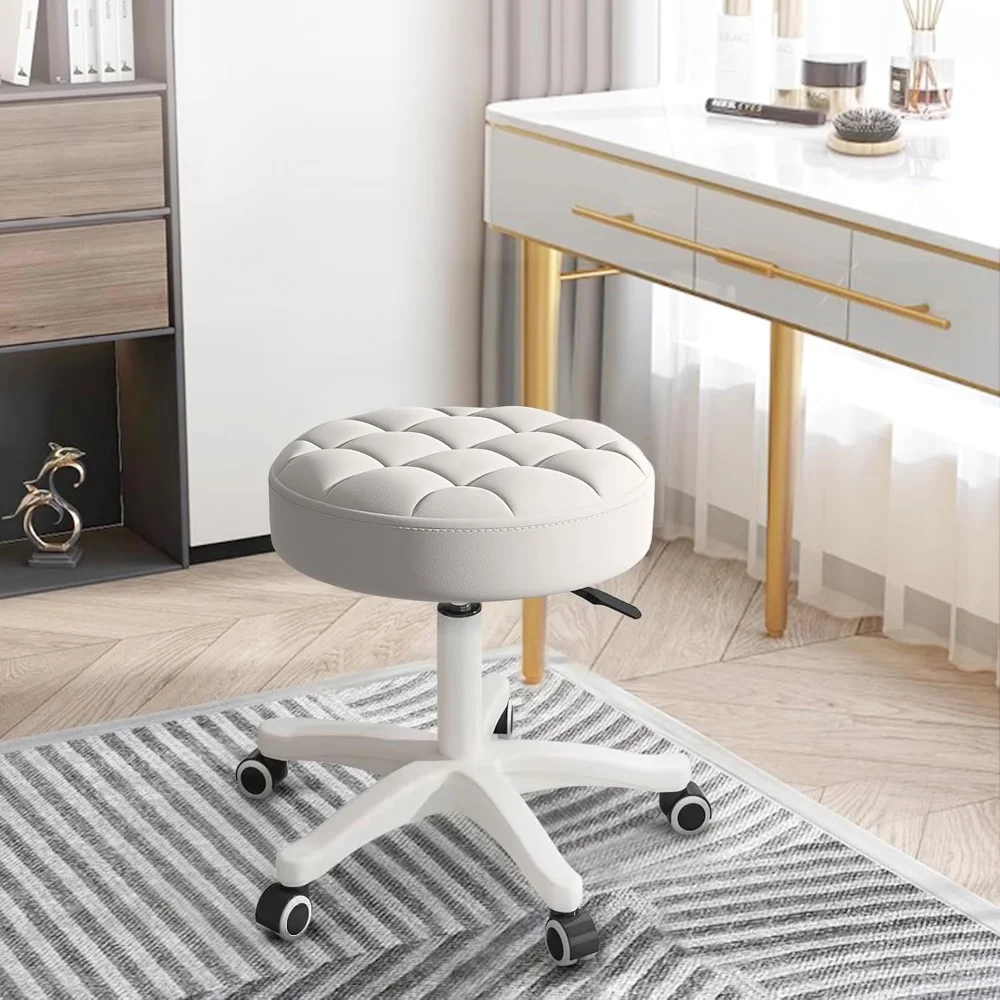 

Small Round Rolling Desk Chair Armless Comfy Vanity Computer Chair Without Backrest PU Leather Height