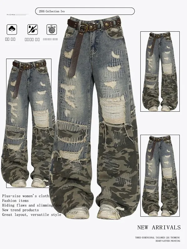 

Large Size 300 Pou Camouflage Splicing Jeans Men's Loose Casual Wide Leg Jeans Distred Waed Denim Autumn Wear