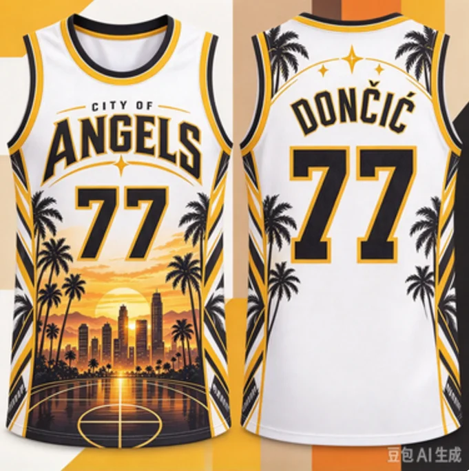 Men City of Angels Dončić #77 Basketball Jersey Sunset Palm Skyline Print Sleeveless Mesh Tank Top Sports Fan Kids Uniform