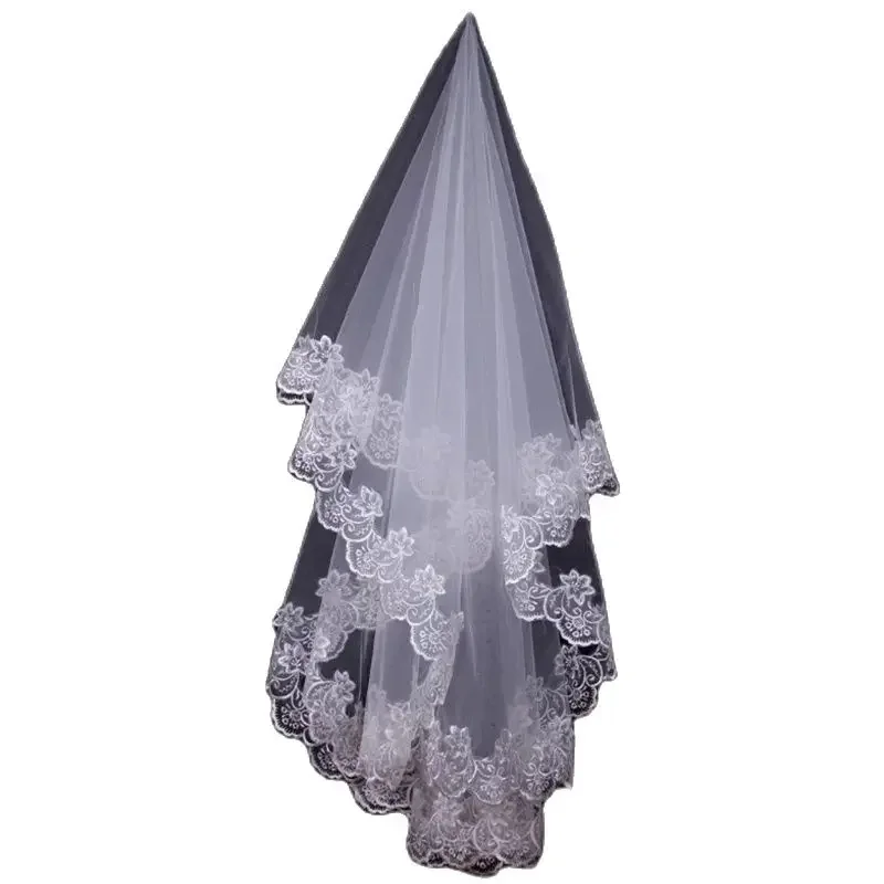 Voile de mariage court pour femmes, blanc, une couche, dentelle, bord de fleur, appliques, accessoires de mariée, patients