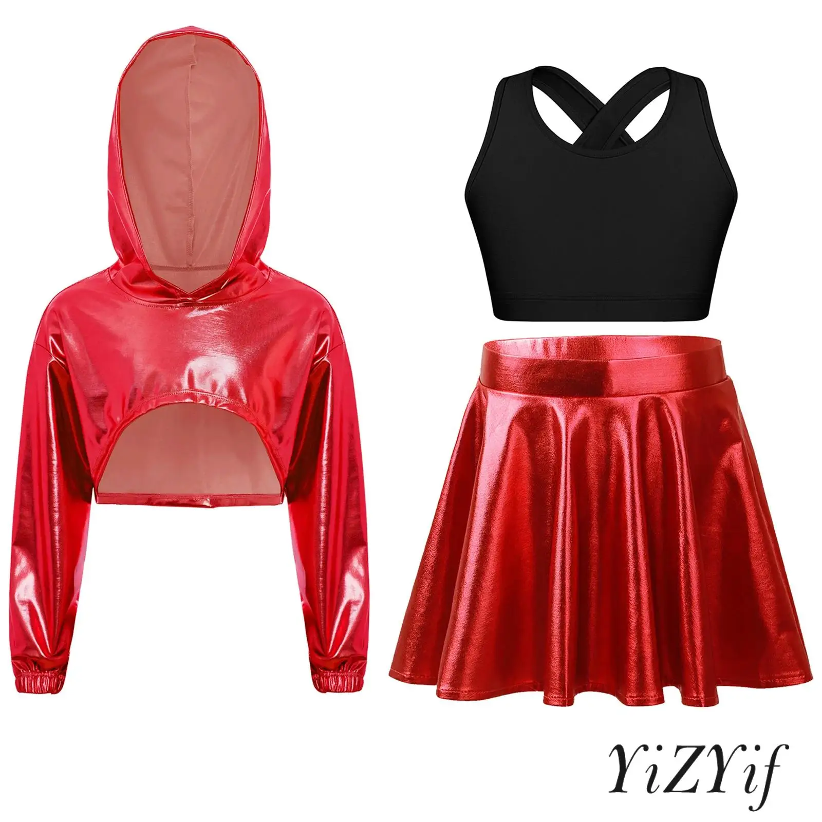 

Kids Girls Cheerleading Uniform Outfits Hip-Hop Jazz Dance Costume Long Sleeve Asymmetrical Hem Hoodie And Cropped Vest Skirt