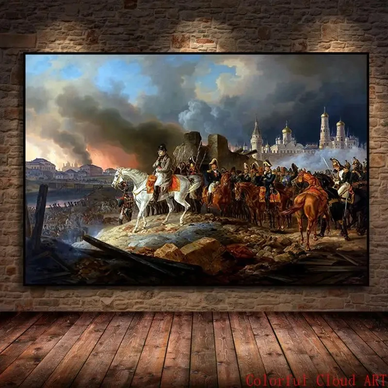 Large-sized frameless canvas paintings,Classial Artwork Napoleon in Burning Moscow Painting Canvas Print HD Print for Living Roo