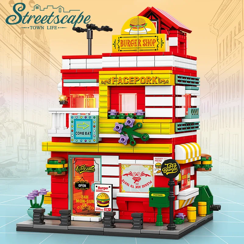Architekturbausteine Hamburger Shop City Series Mädchen Geschenk Haus Modell Montage Puzzle Modell Jungen Geschenk Kinder Spielzeug