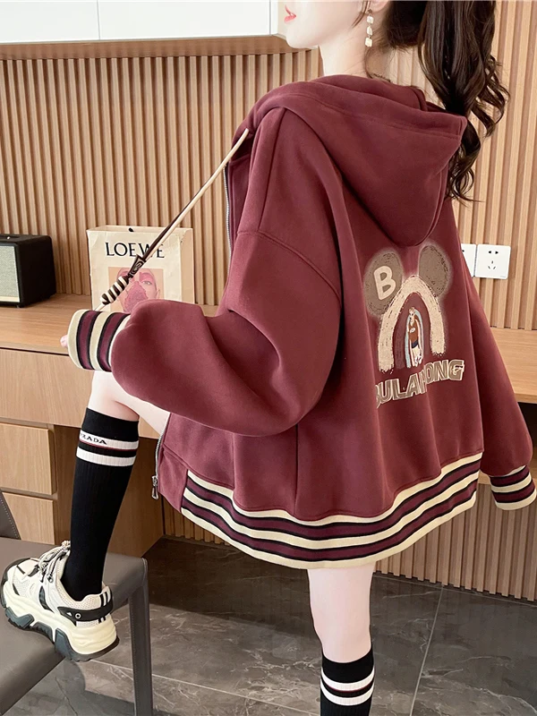 

Women's Oversized Hooded Fleece Jacket American Retro Baseball Style Long Sleeve Cotton Blend Warm Casual Coat Zipper Closure