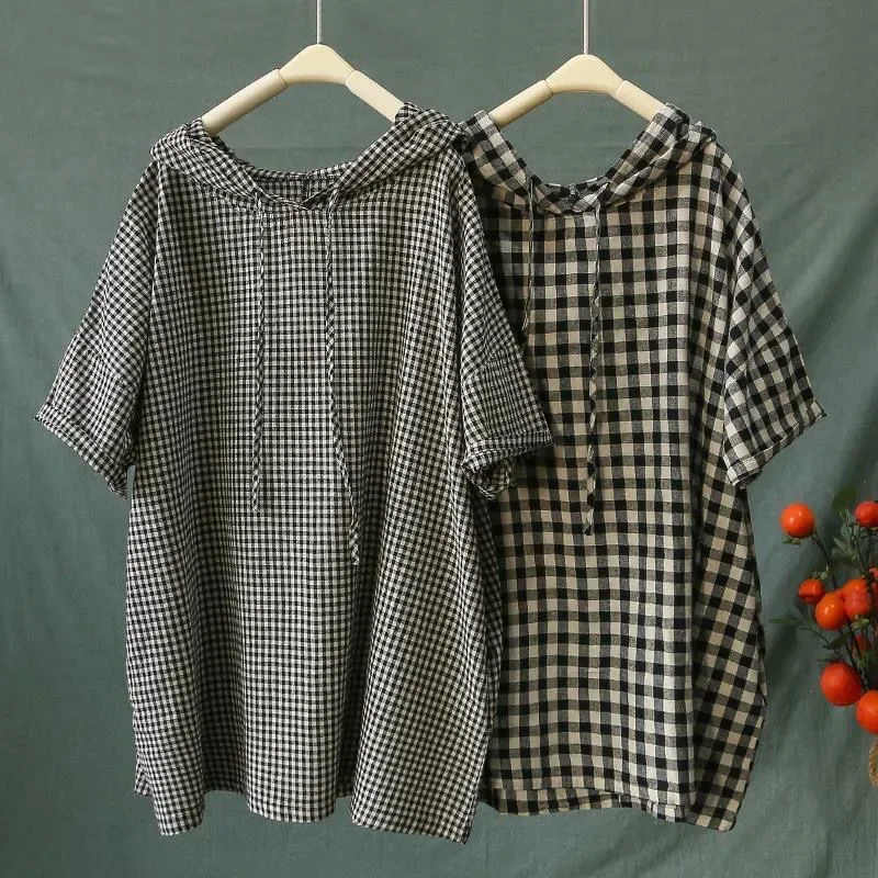

Women Plaid Hooded Blouse Loose Short Sleeve Casual Summer Top Lightweight Cotton Blend Shirt