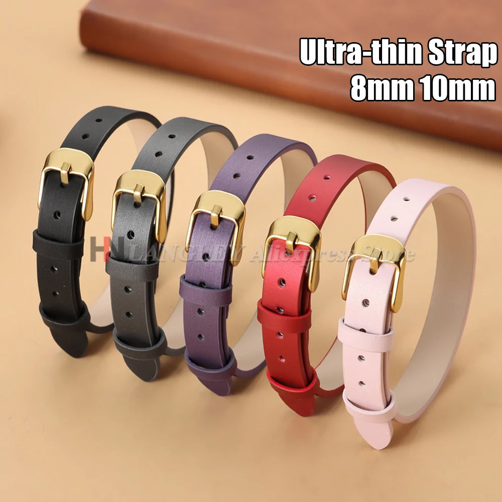 New Slim Leather Watch Band 8mm 10mm Ultra Thin Cowhide Strap Gold Buckle Wristband for Women Men Comfortable Universal Bracelet