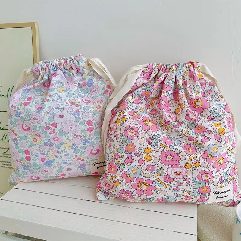 Handmade Floral Cotton Drawstring Bag Vintage Storage Pouch Eco Friendly Makeup Organizer for Travel 1PC