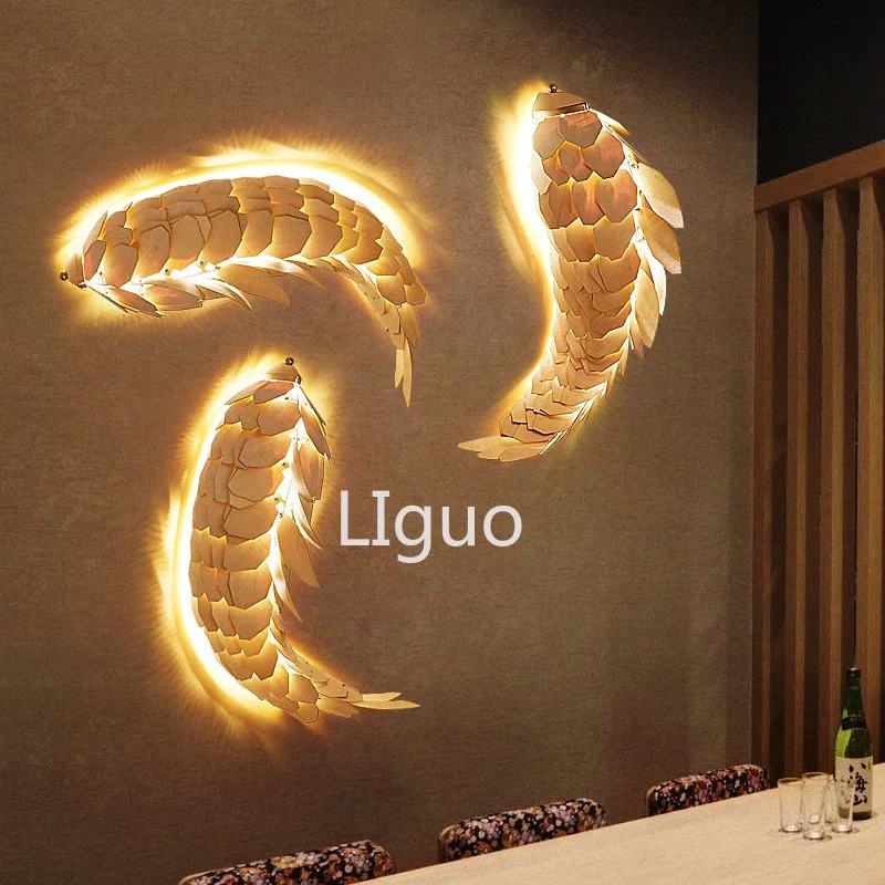 Creative Handmade Chinese Style Wood Fish Wall Lamp Shine LED 12W Living Room Bedside Stair Lighting Decor Lamp Wall Sconces