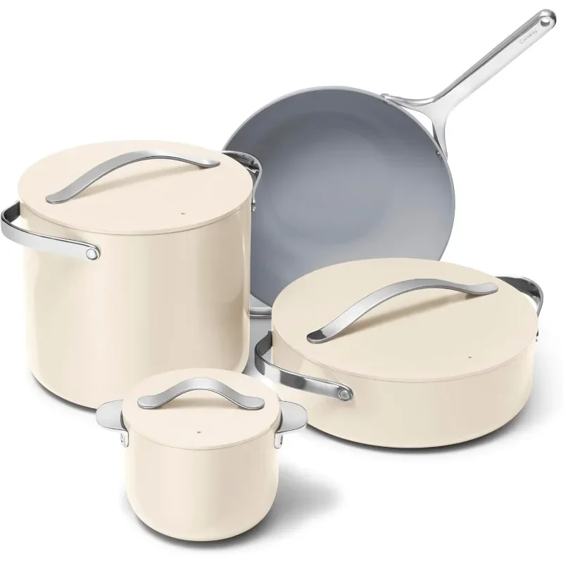 Caraway Cookware+ Collection - Specialty Cookware Set - Petite Cooker, Stir Fry Pan, Rondeau, & Stock Pot - 3 Lids & Storage