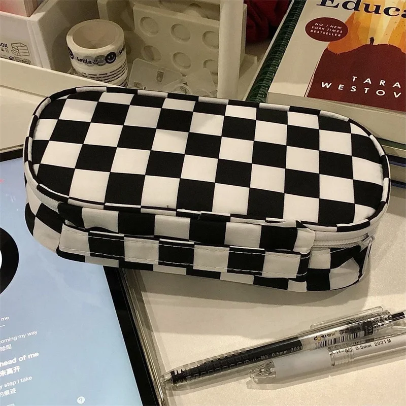 Simple Large Capacity Black and White Plaid Pencil Case Portable Canvas Material Pencil Bag School Office Supplies Stationery