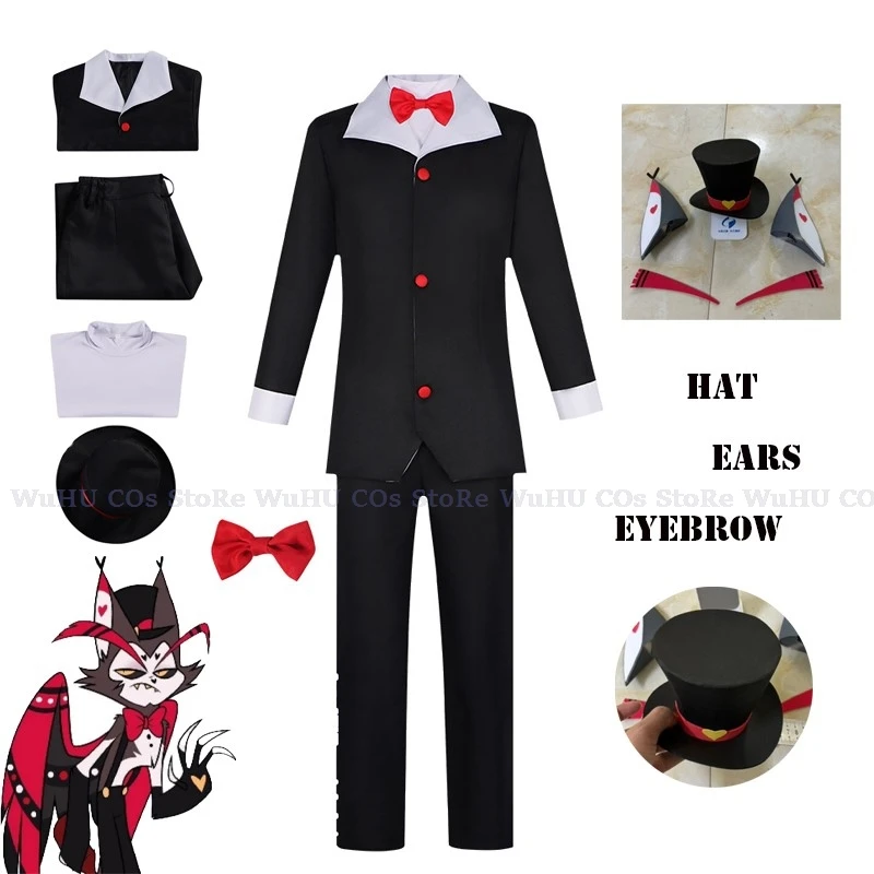 Disfraz de Husk Hazbin para Cosplay, uniforme negro para Halloween, Hotel, trajes de fiesta con sombrero, orejas, cejas, utilería