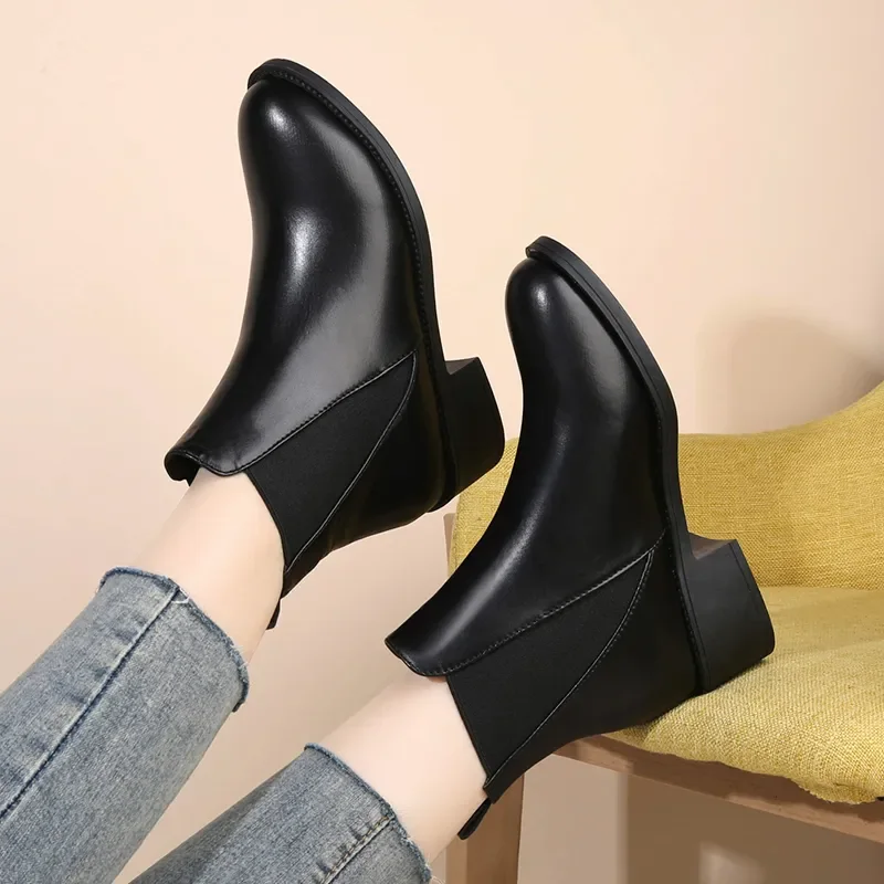 Women Casual Business Party Formal Dress Sexy High Heel Boots Black Cow Leather Shoes Point Toe Ankle Boot Zapatos Fashion 2024