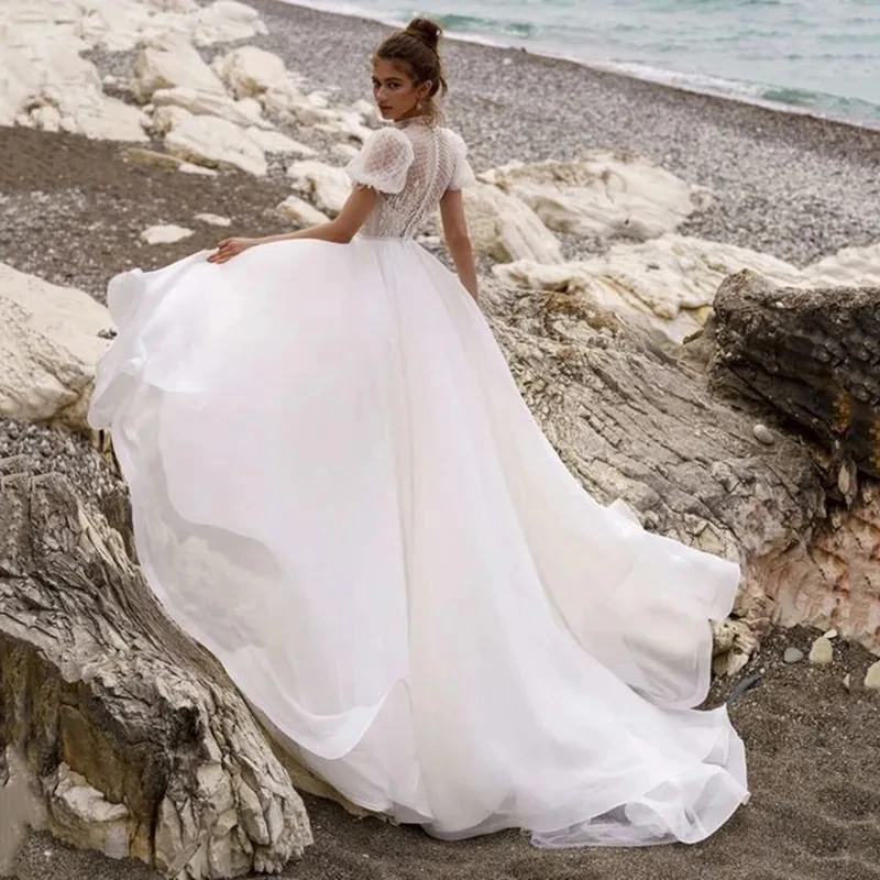 Elegant Bohemian Wedding Dresses For Women High Neck Backless Bridal Gowns 2023 A-Line Short Sleeve Robes 2024 Vestidos De Novia