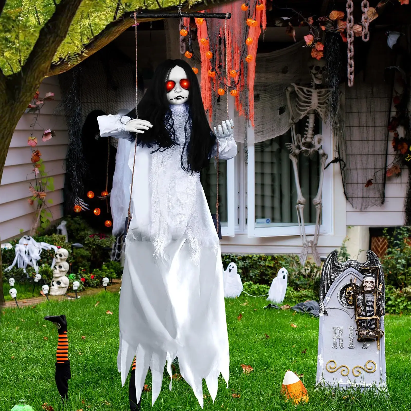 Halloween Party Horror Decor, Sound Activated Spooky Hanging Ghost Bride Ornament for Haunted House Atmosphere Setup