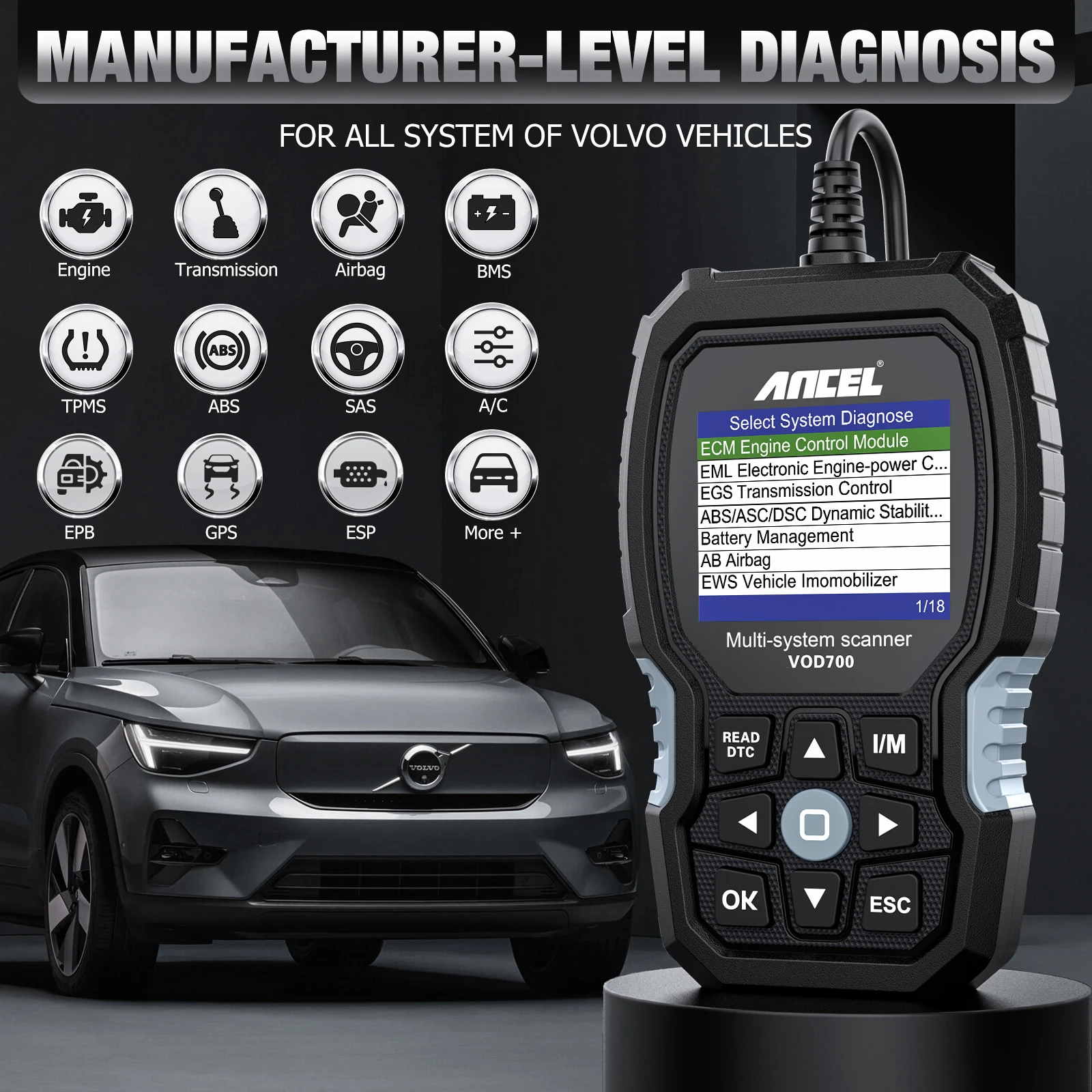 ANCEL VOD700 OBD2 Scanner for Volvo Car Code Reader Diagnostic Scan Tool ABS Bleeding Injector Oil ETC BMS EPB TPMS D-P-F Reset