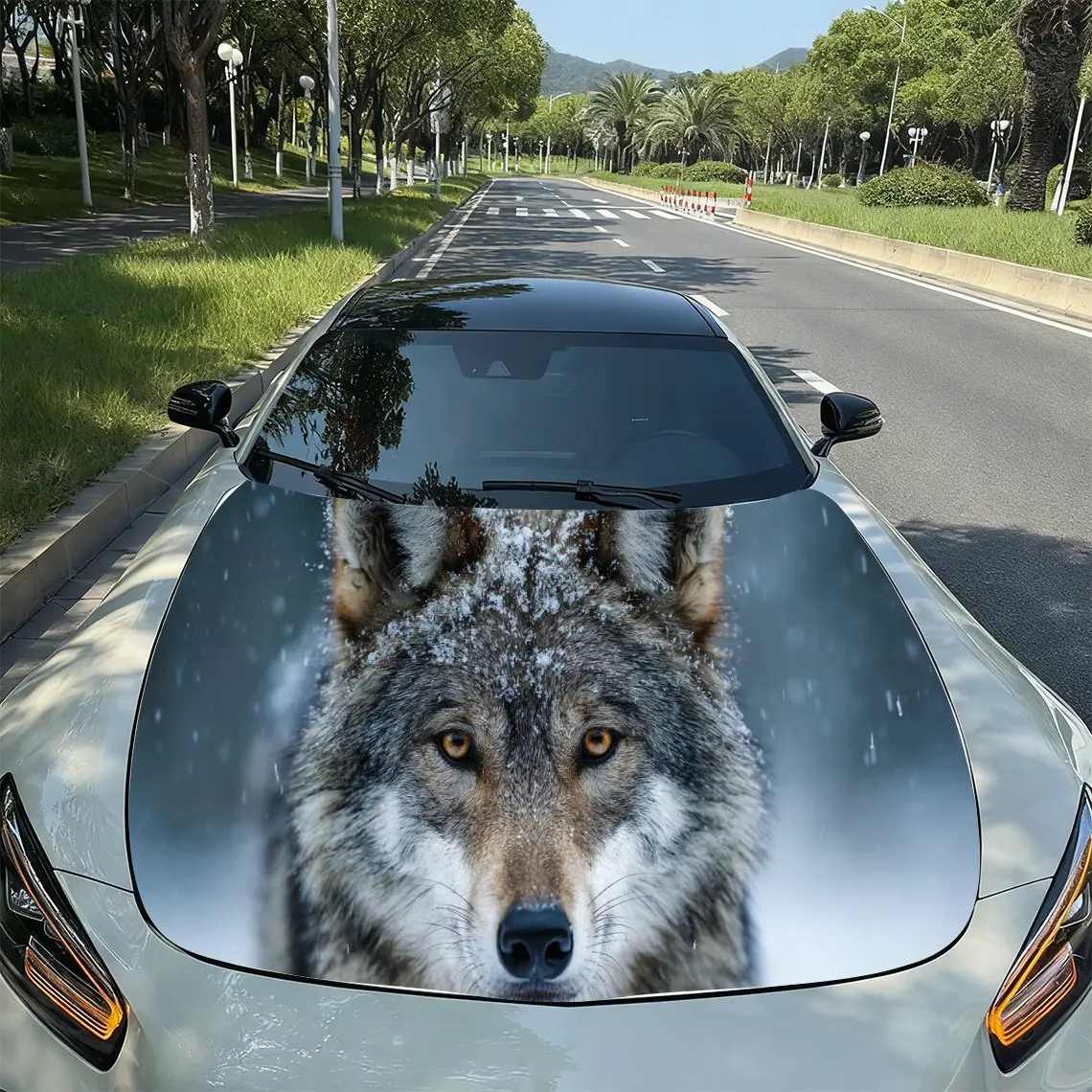 

Snowy Wolf Realistic Adventure PVC Car Hood Wraps, Self-Adhesive Waterproof Car Bonnet Decal Sticker, Car Decoration Protection