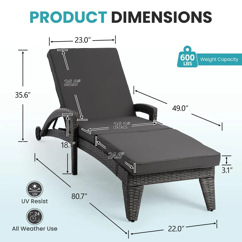 Patio Chaise Lounge Set of 2, Wicker Lounge Chairs Outdoor with Wheels, Wicker Chaise Lounges, Customized