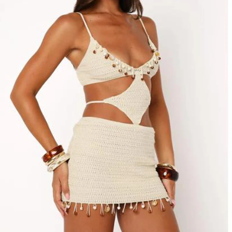 فستان نسائي قصير بدون أكمام منسوج بالترتر فستان صيفي قصير بشراشيب بدون ظهر للحفلات لقضاء العطلات على الشاطئ ملابس الشارع