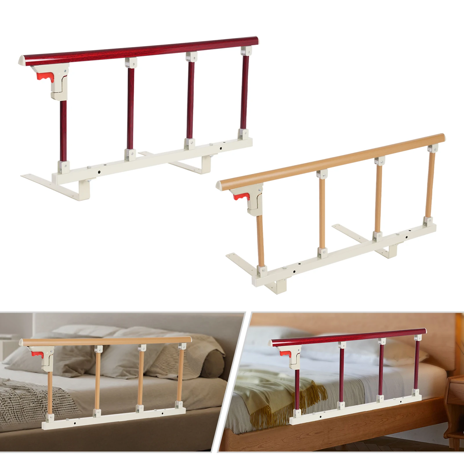Foldable Bed Rail 4 Blocks Anti Fall Bedside Support Handrail for Elderly Adults Safety Bed Guard Assist Handle Home Hospital Care Mahogany / Yellow Woodgrain Color