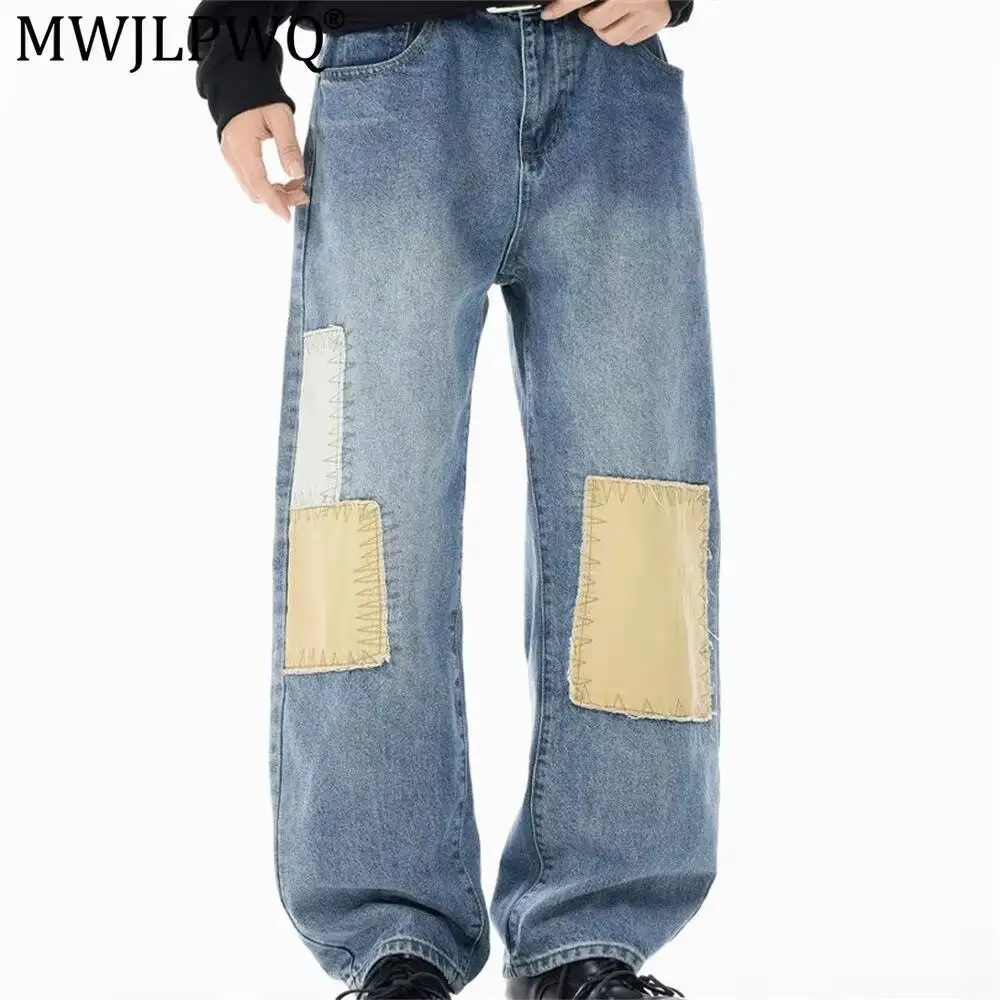 MWJLPWQ Contrast Color Patchwork Jeans For Men High Street Fashion Unique Loose Casual Straight-Leg Wide-Leg Long Pants 20274