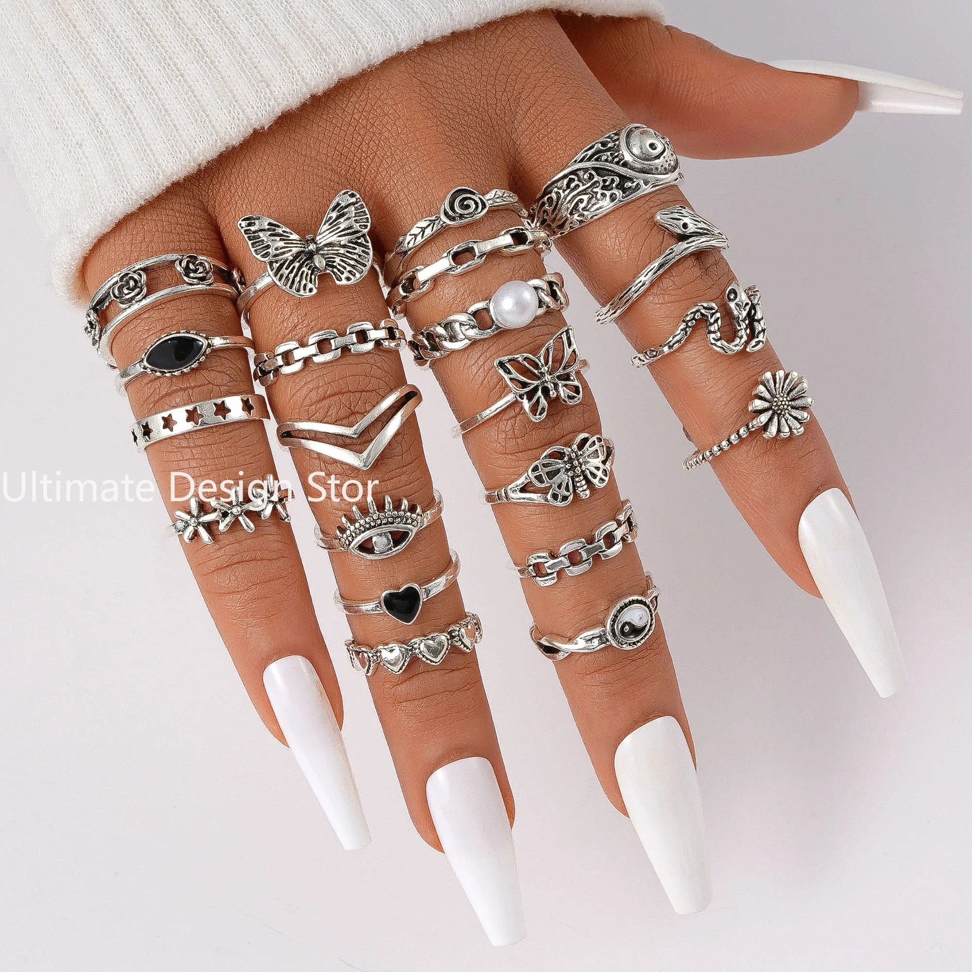 21pcs Set Punk Style Butterfly Heart Stainless Steel Ring and Tai Chi Design Multi-element Snake Rings Set Кольца Женские Кольцо