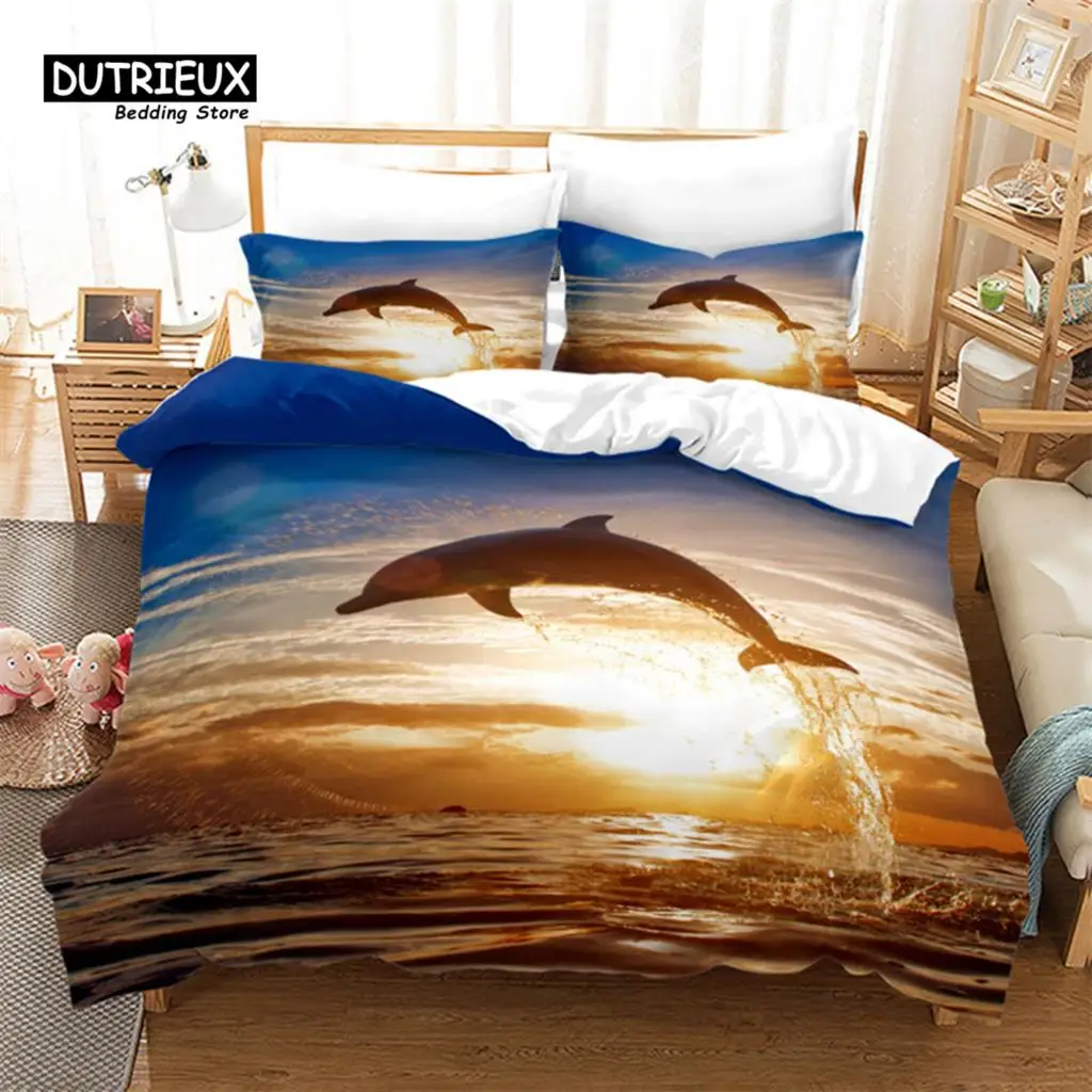 

Jumping Dolphin Duvet Cover Marine Themed Bedding Set King Full Twin For Kids Adults Decor Microfiber Ocean Animals Quilt Cover