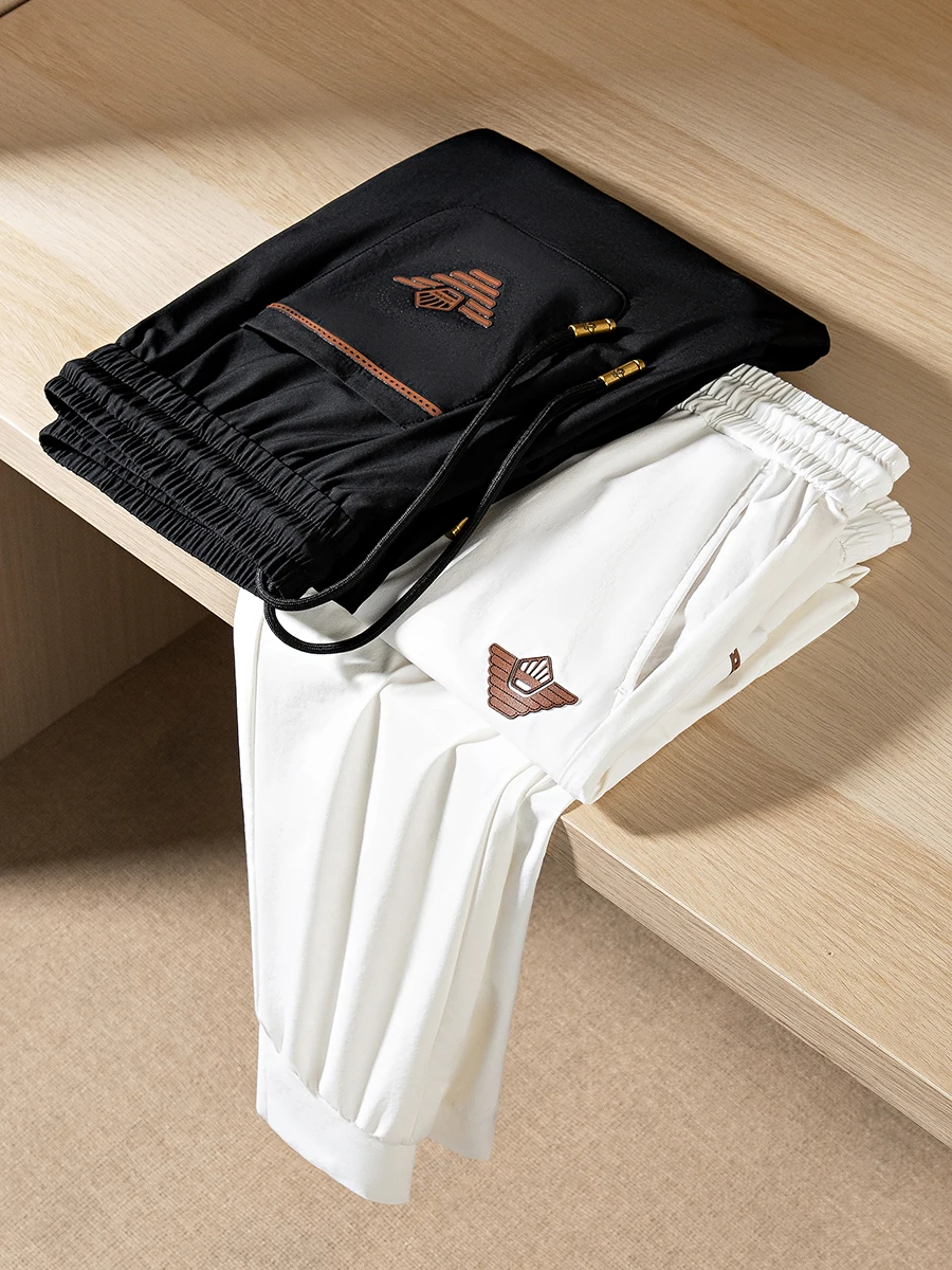 

Летние модные мужские облегающие спортивные брюки из ледяного шелка, легкие повседневные брюки против морщин, дышащие длинные брюки