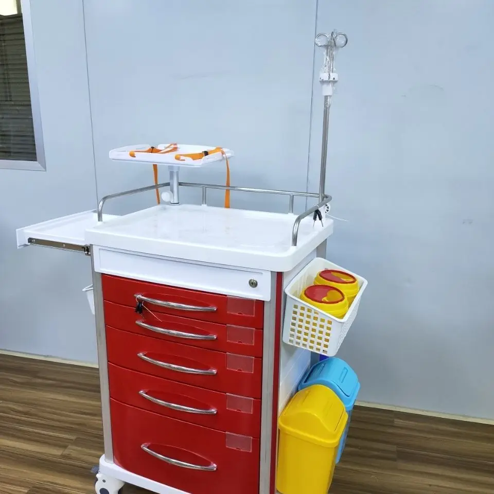 Medical Red Emergency Ambulance Multi-Function Nursing Trolley Drugs Instrument Anesthesia Cart Tail Strop Defibrillator Press