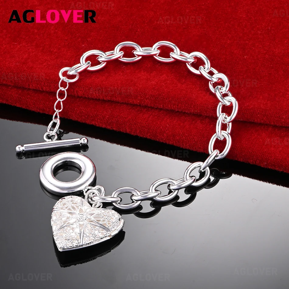 

AGLOVER 925 Sterling Silver Hollow Heart Flower Carved Box Chain OT Buckle Bracelet Women's Charm Holiday Gift Party Jewelry