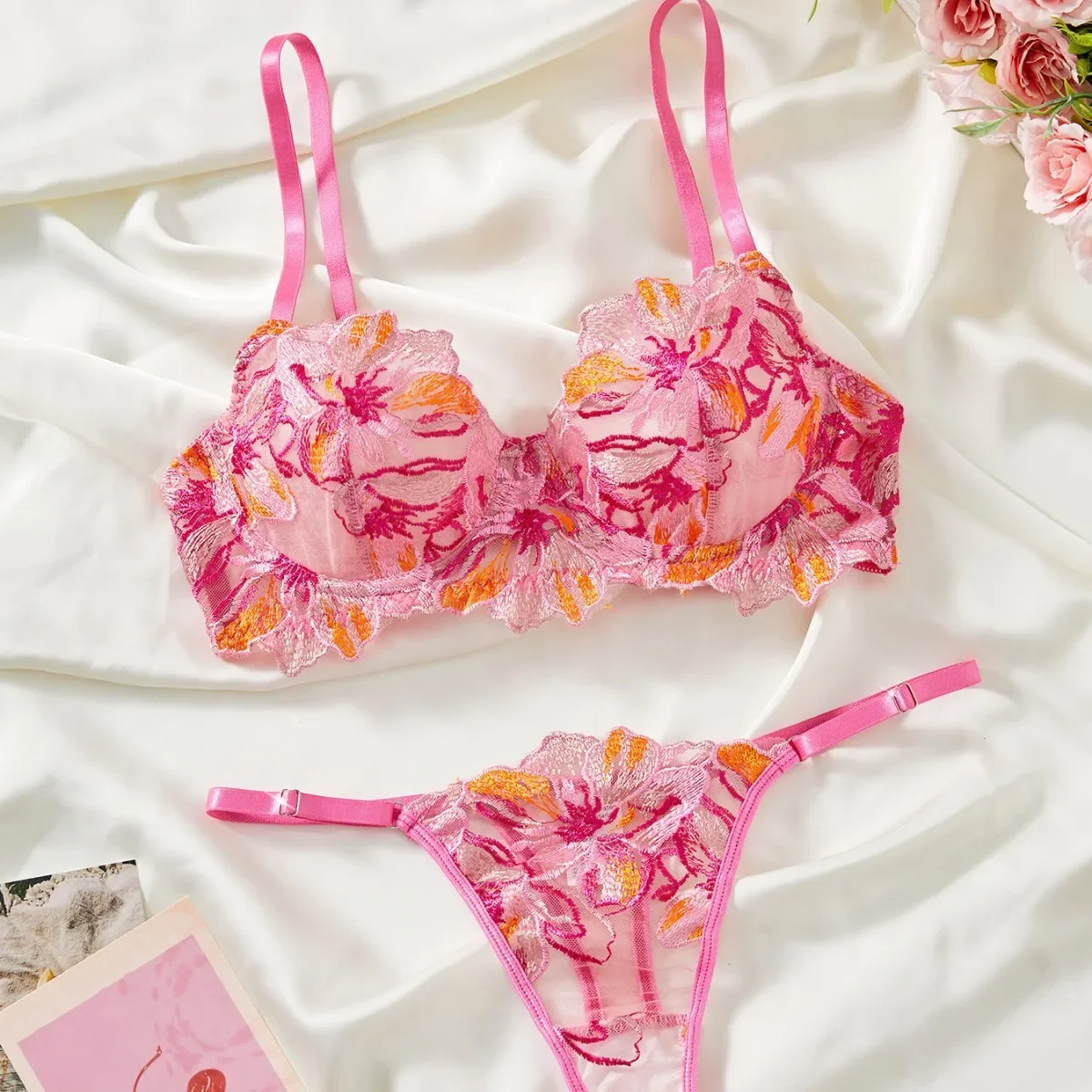 

Lovermore Embroidery Bra Brief Sets Lace Underwire Sexy Lingerie Fashion Thin Underwear Rose Red See Through Sensual Exotic Sets
