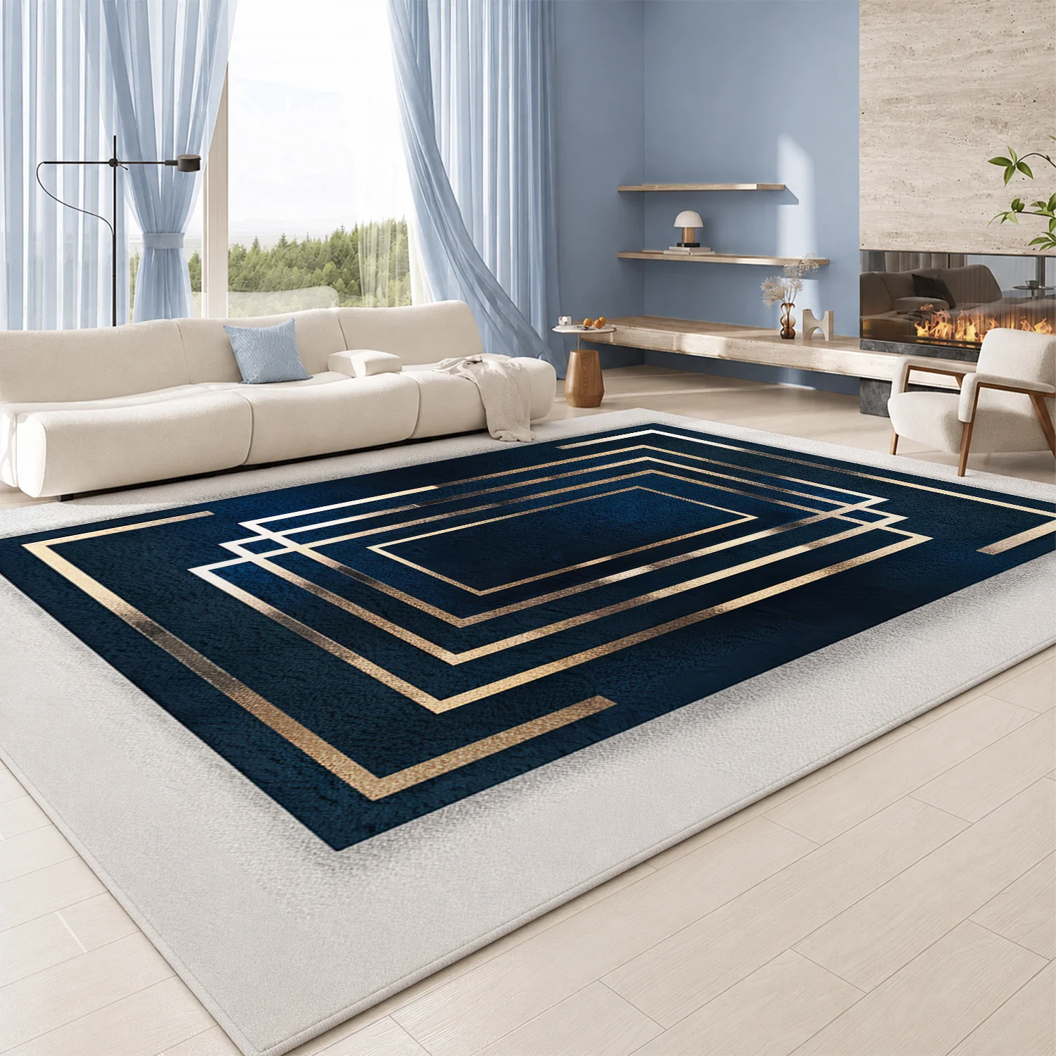 Large Indoor Area Rug, Soft Velvet Low Pile Non-Slip Dotted Backing Machine Washable, Navy Blue & Gold Geometric Rectangular Pattern, Ideal for Living Room Bedroom Entryway Home Floor Decor