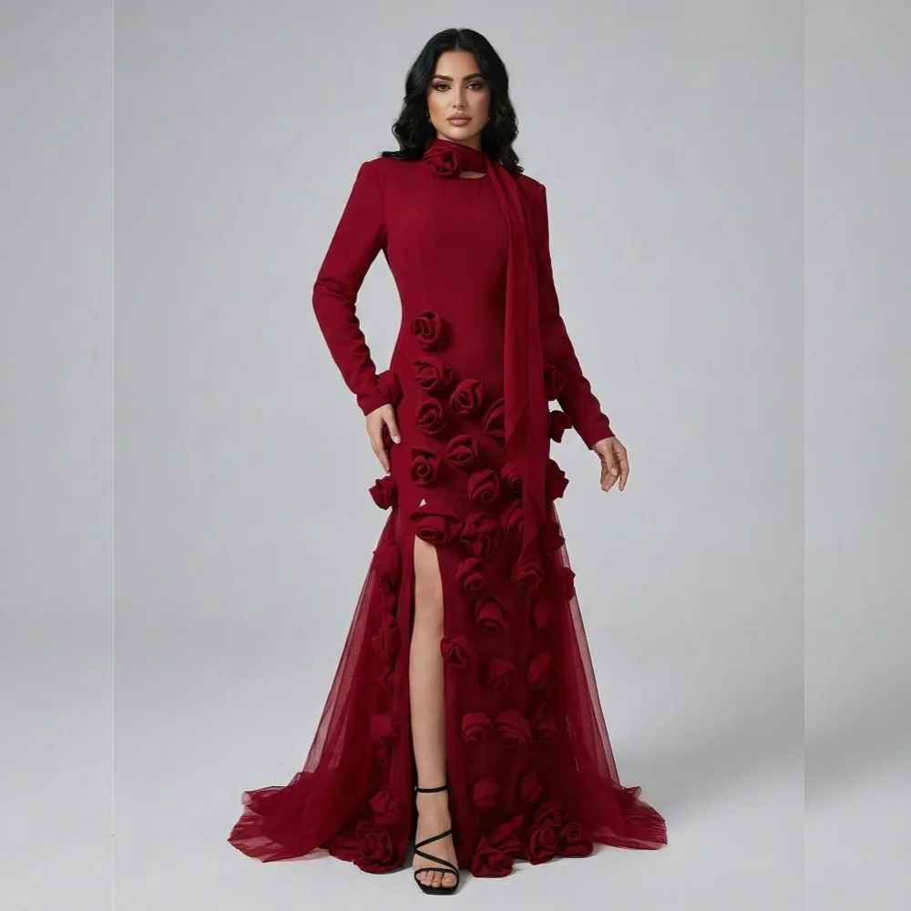 

Длинные платья с круглым вырезом и цветочной аппликацией по индивидуальному заказу, женские вечерние платья, элегантное вечернее платье для выпускного вечера на заказ