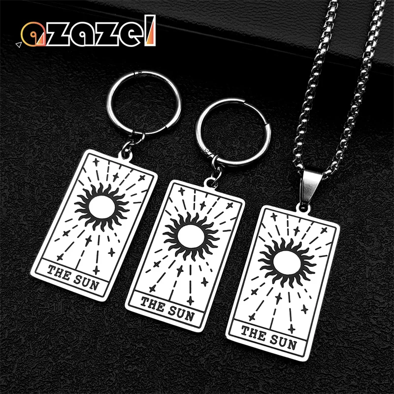 

Vintage Tarot Card Divination The Sun Hoop Necklace Earrings For Women Stainless Steel Silver Sun Shine Earrings Amulet Jewelry