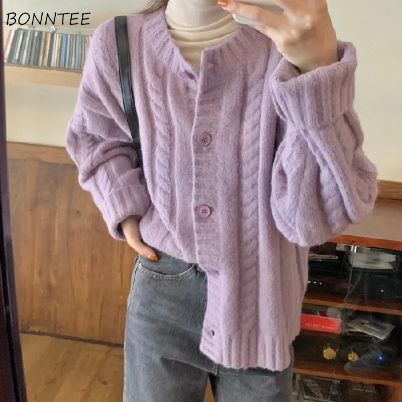 

Cardigan Women Solid Twist Knitted Loose Sweaters All-match Young Temper Daily Simple Casual Autumn Winter Outwear Harajuku Ins
