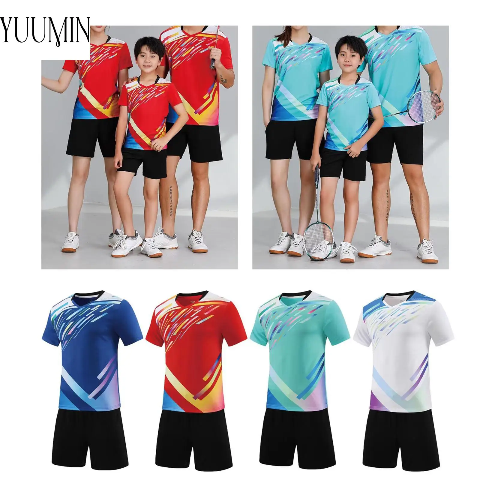 

Kids Boys Girls 2-piece Badminton Suit Sports Outfit Contrast Color Stylish Short Sleeve T-shirt+Shorts for Football Gym Workout