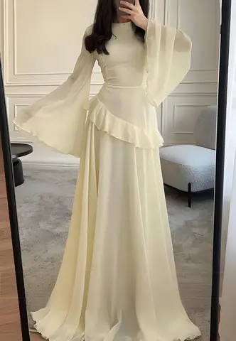 Elegant vinröd långärmad saudiarabisk chiffong A-linjeformad balklänning golvlång muslimsk aftonklänning 8 best sales Muslimsk aftonklänning - №4