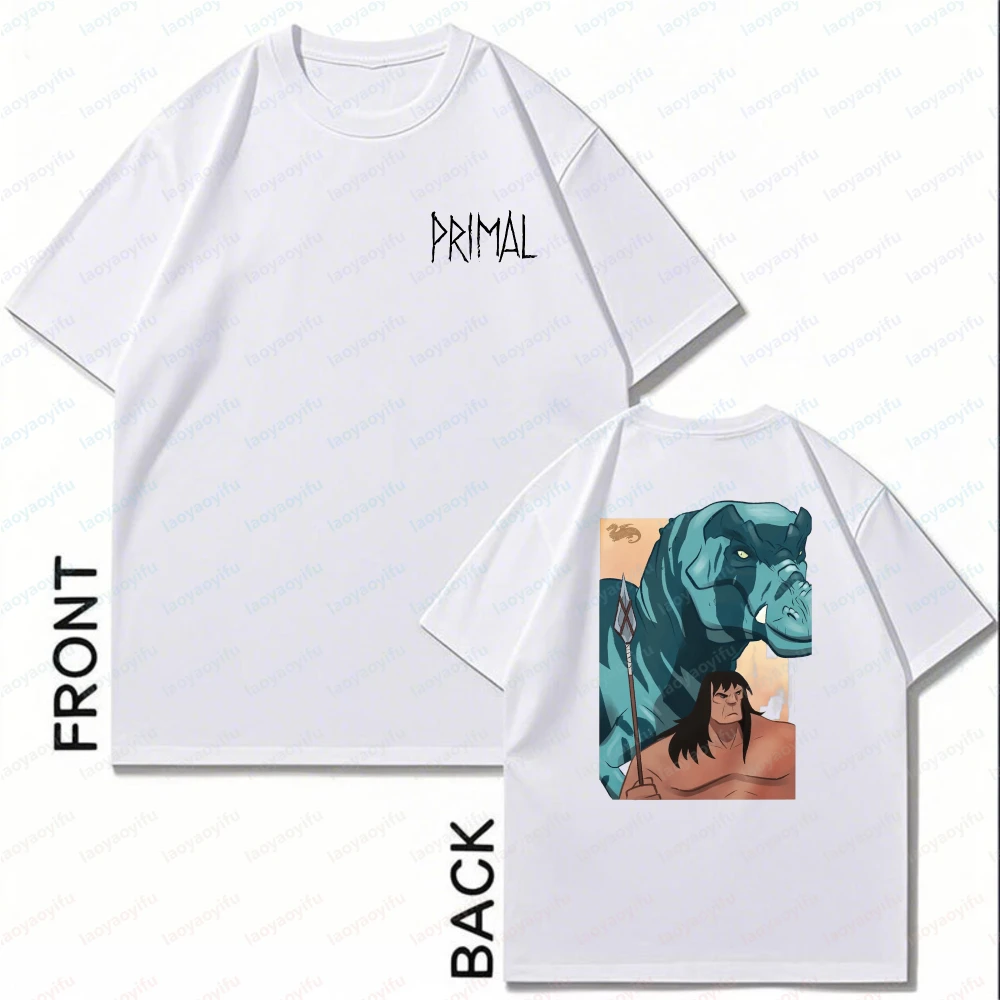 Primal-Dinosaur-and-Caveman-Print-Unisex-Cotton-T-Shirt-Summer-Anime-Otaku-Casual-Streetwear-Trendy-Graphic-Tee-Men's-Clothing