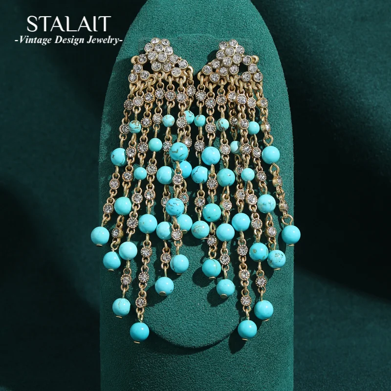 

Vintage Large Turquoise Round Bead Tassel Drop Earrings Antique Gold Color Luxury Designer Jewelry Accessories For Women 2025