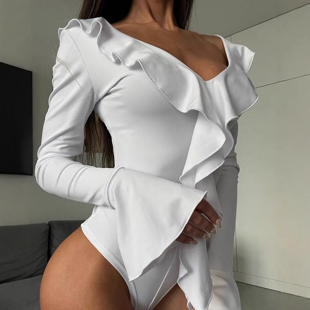 المرأة الجديدة الخامس الرقبة كشكش متوهج كم سليم صالح أعلى بذلة مثير Bodycon كم طويل قطعة واحدة داخلية #4